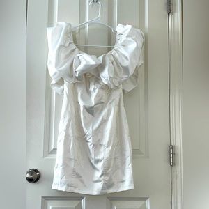 Brand New Satin Off The Shoulder Puff Neck Mini Dress.